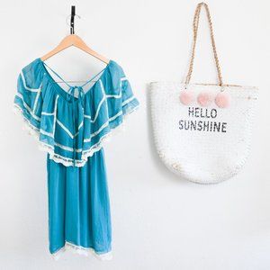 Anthropologie Fiesta Dress NWOT Teal & Cream Lace Trim Off Shoulder